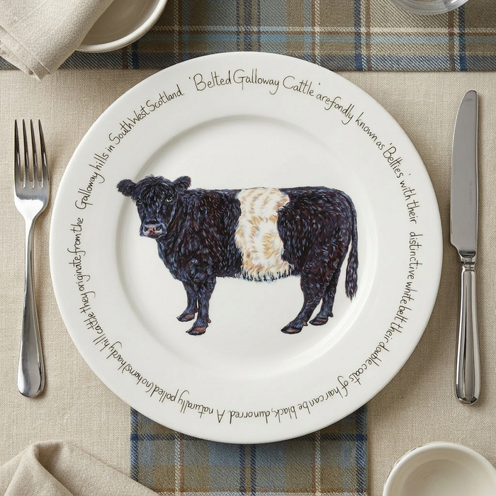 Belted Galloway Cow 30cm Flat Rimmed Plate styled on the table
