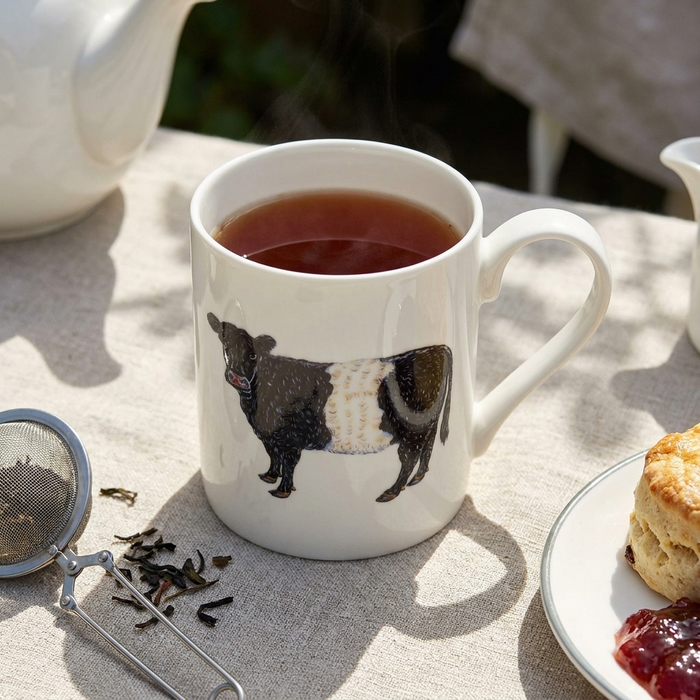 Belted Galloway Cow Mug (medium straight sided) styled on the table