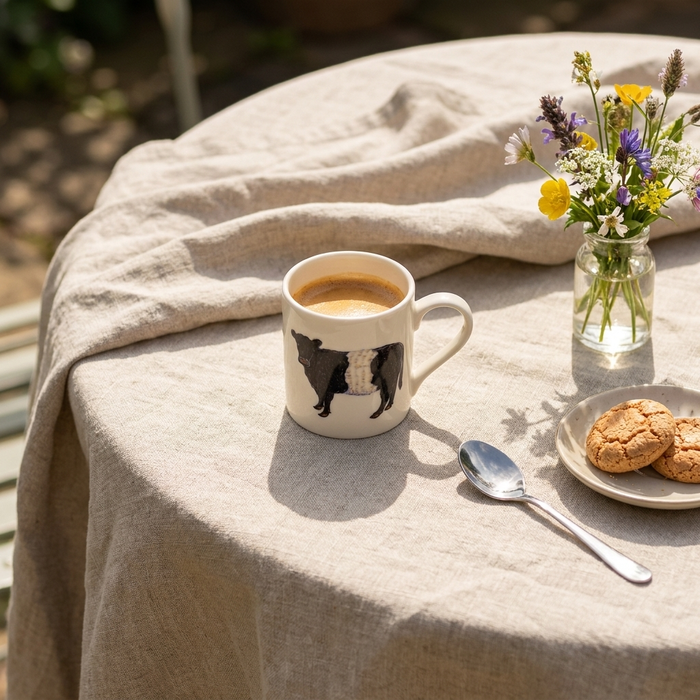 Belted Galloway Cow Small Mug styled on the table