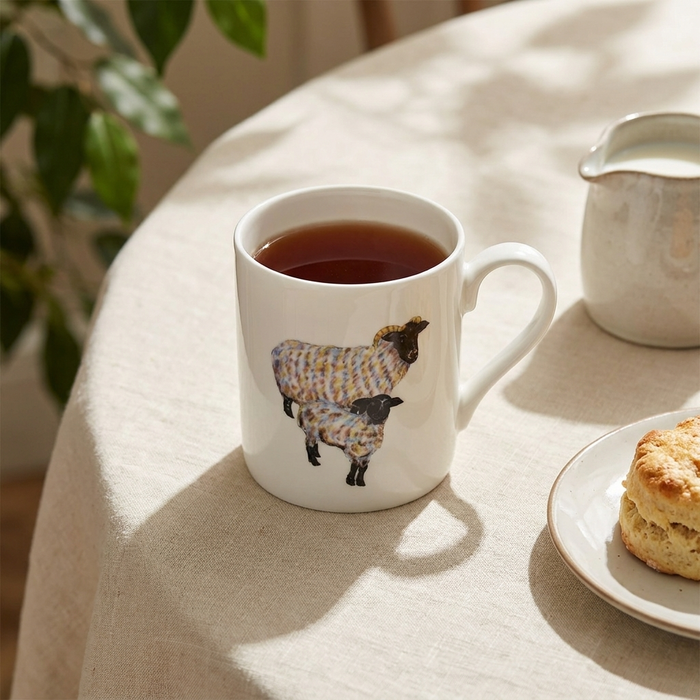 Blackface Sheep Mug (medium straight sided) styled on the table