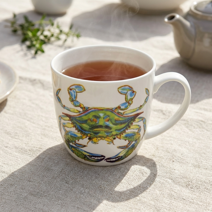 Blue Crab Mug (medium round sided) styled on the table