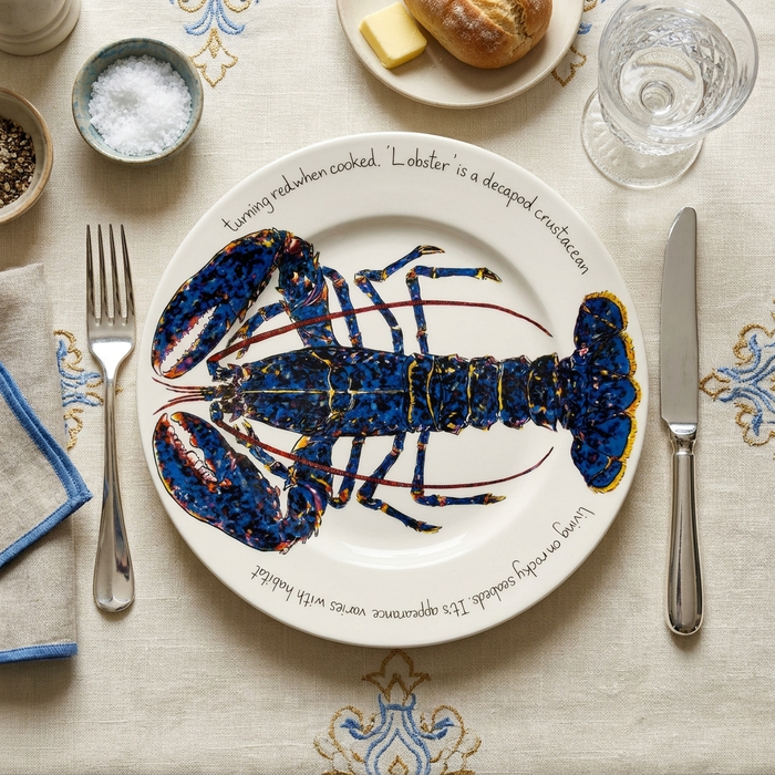 Blue Lobster 30cm Flat Rimmed Plate styled on the table