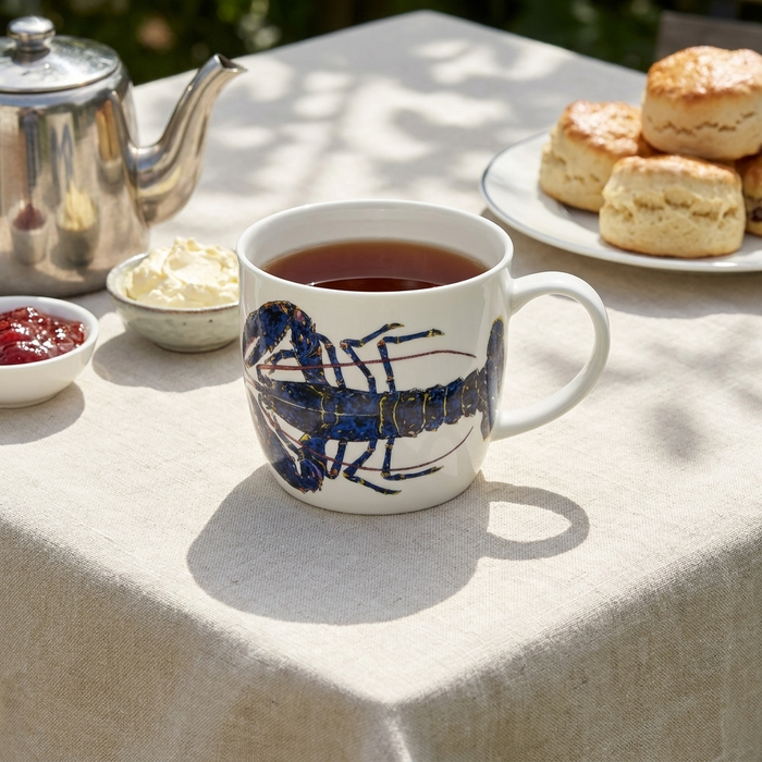 Blue Lobster Mug (medium round sided) styled on the table