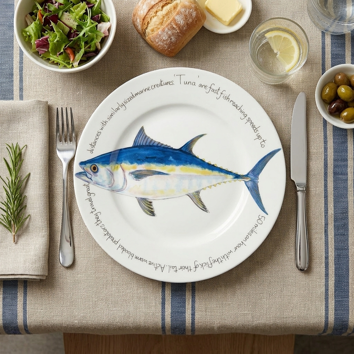 Bluefin Tuna 30cm Flat Rimmed Plate styled on the table