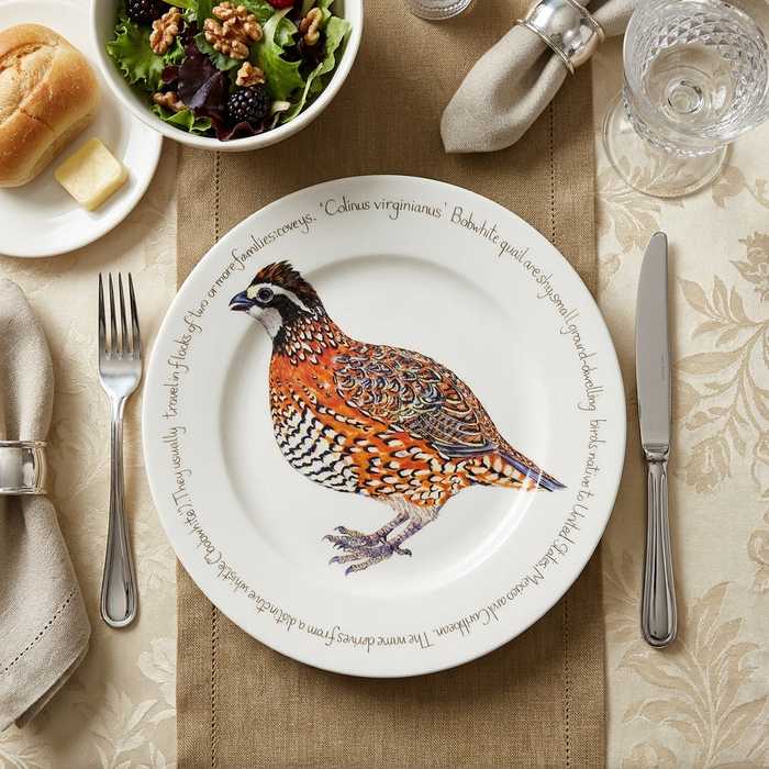 Bobwhite Quail 30cm Flat Rimmed Plate styled on the table