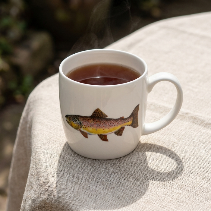 Brown Trout Mug (medium round sided) styled on the table