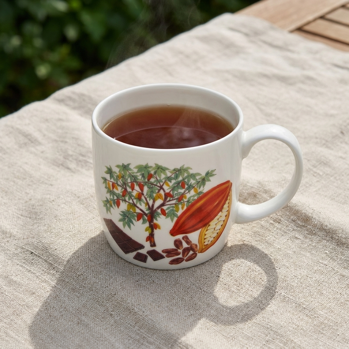 Chocolate & Cocoa Tree Mug (medium round sided) styled on the table