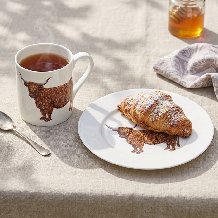 Highland Cow Mug & Side Plate Set styled on the table