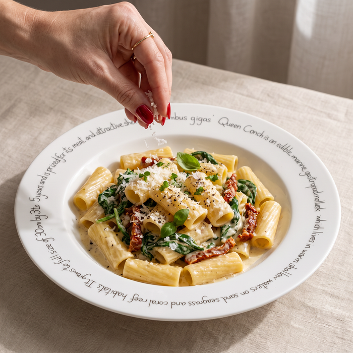 Deep rimmed plate with food