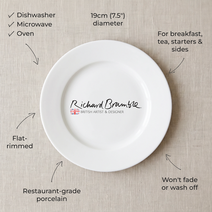 Side plate specifications diagram - 19cm flat rimmed, dishwasher, microwave and oven safe, restaurant-grade porcelain