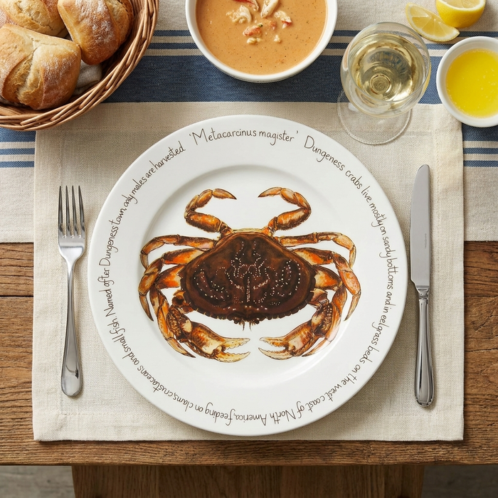 Dungeness Crab 30cm Flat Rimmed Plate styled on the table