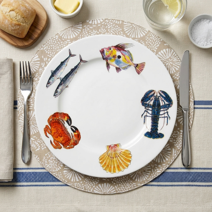 Fish & Shellfish 30cm Flat Rimmed Plate styled on the table
