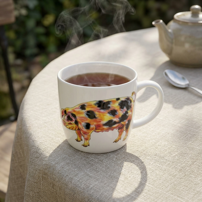 Gloucestershire Old Spot Mug (medium round sided) styled on the table