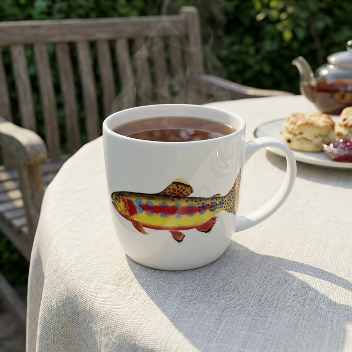 Golden Trout Mug (medium round sided) styled on the table