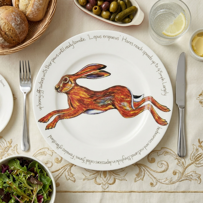 Hare Leaping 30cm Flat Rimmed Plate styled on the table