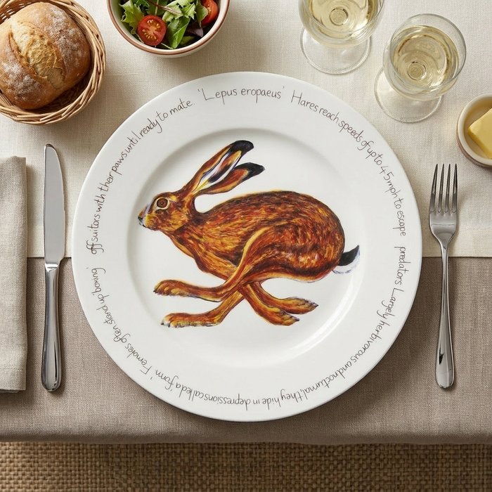 Hare Running 30cm Flat Rimmed Plate styled on the table