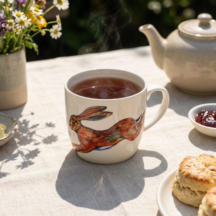 Hares Mug (medium round sided) styled on the table