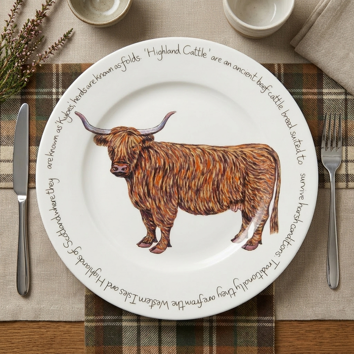 Highland Cow 30cm Flat Rimmed Plate styled on the table