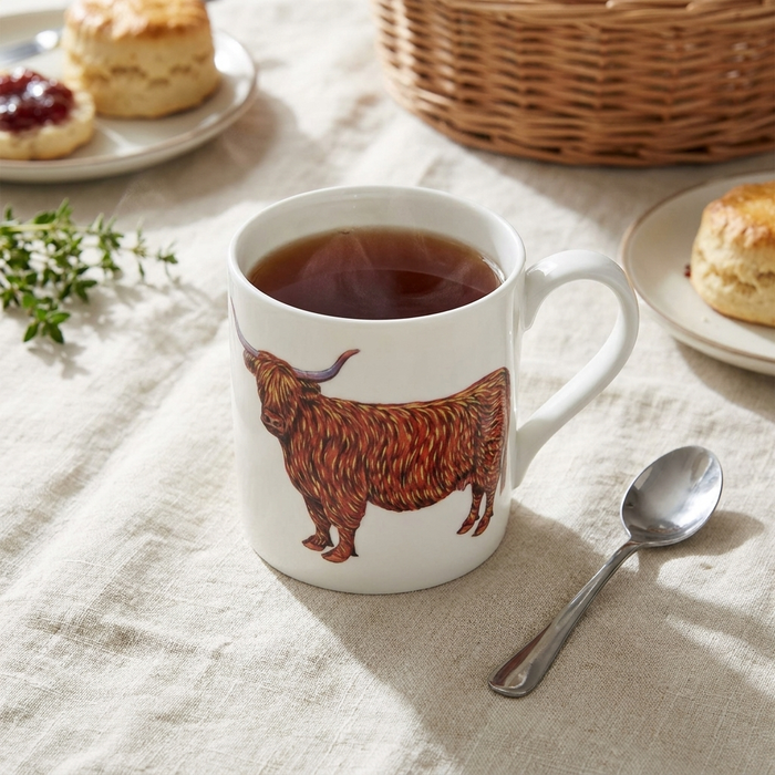 Highland Cow Mug (large size) styled on the table