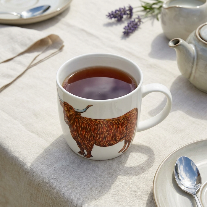 Highland Cow Mug (medium round sided) styled on the table
