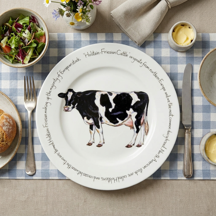 Holstein-Friesian Cow 30cm Flat Rimmed Plate styled on the table