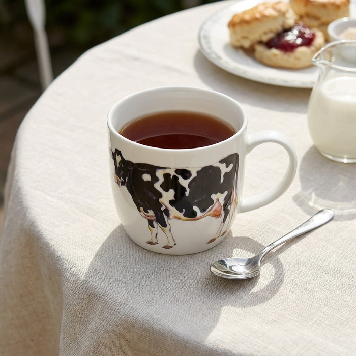 Holstein-Friesian Cow Mug (medium round sided) styled on the table