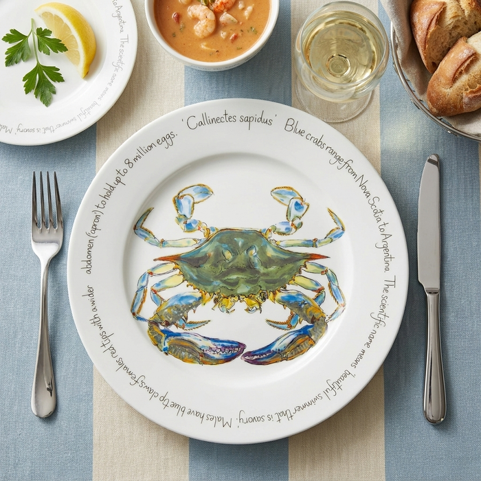 Blue Crab 30cm Flat Rimmed Plate styled on the table
