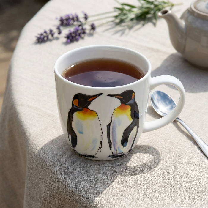 King Penguin Mug (medium round sided) styled on the table