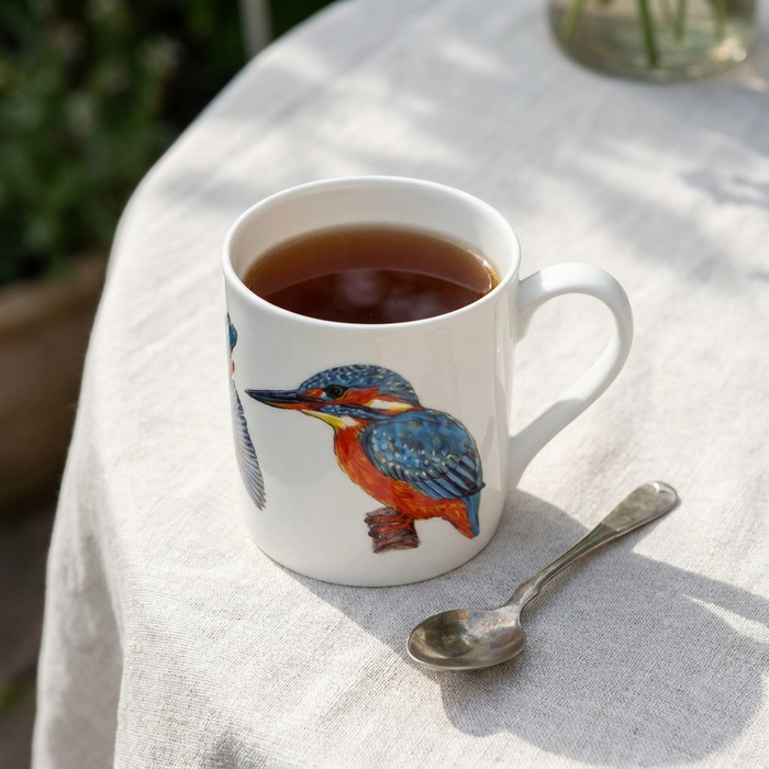 Kingfisher mug (large size) styled on the table