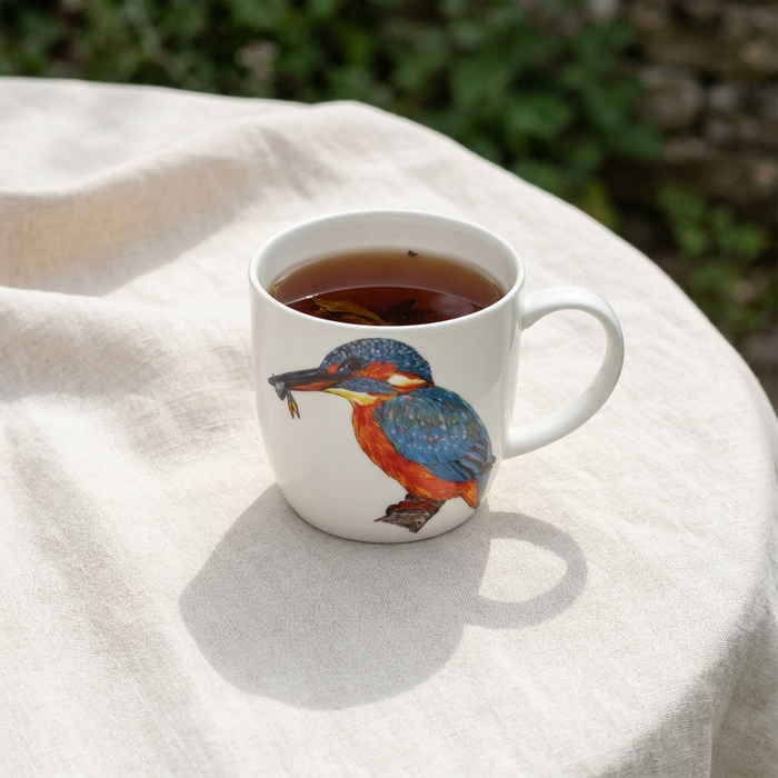 Kingfisher Mug (medium round sided) styled on the table