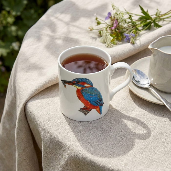 Kingfisher Mug (medium straight sided) styled on the table