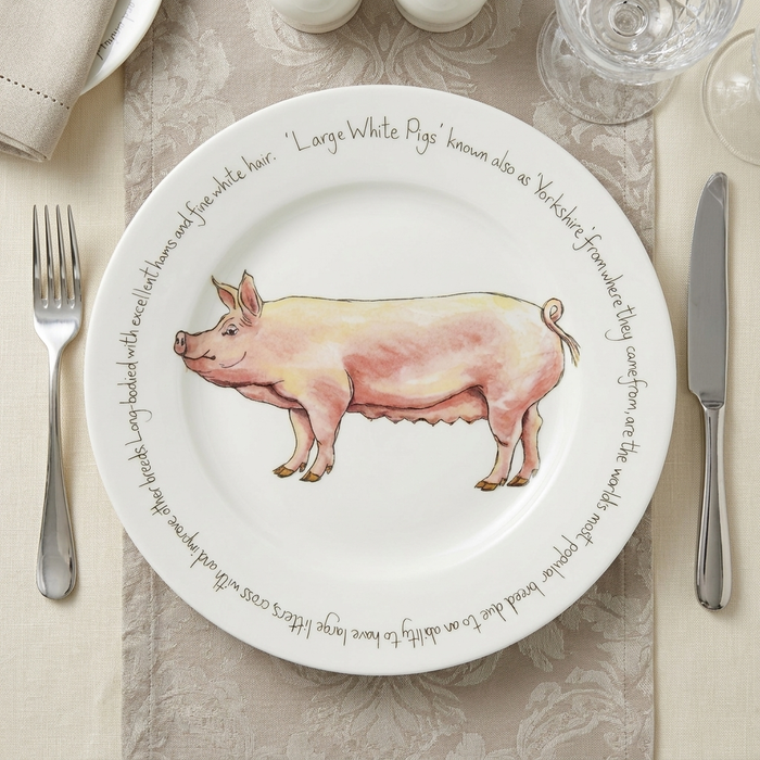 Large White Pig 30cm Flat Rimmed Plate styled on the table