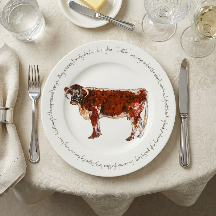 Longhorn Cow 30cm Flat Rimmed Plate (limited edition) styled on the table