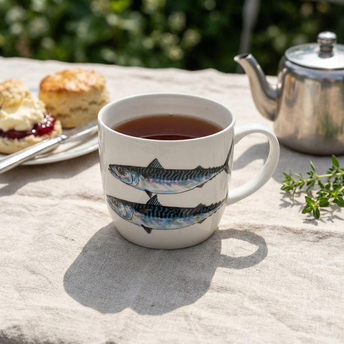 Mackerel Mug (medium round sided) styled on the table