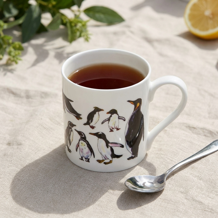Multi Penguin Mug (large size) styled on the table