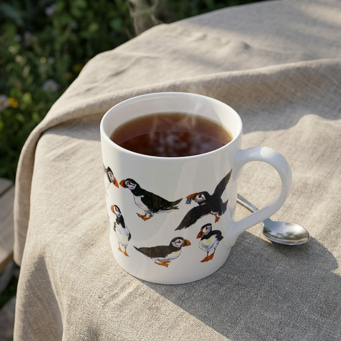 Multi Puffins Mug (large size) styled on the table