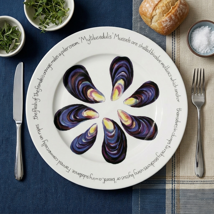 Mussels 30cm Flat Rimmed Plate styled on the table