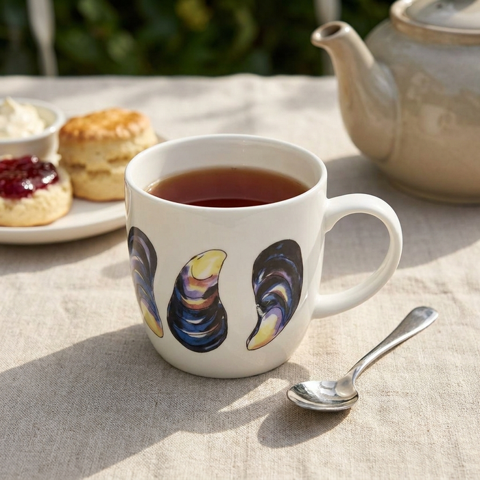 Mussels Mug (medium round sided) styled on the table