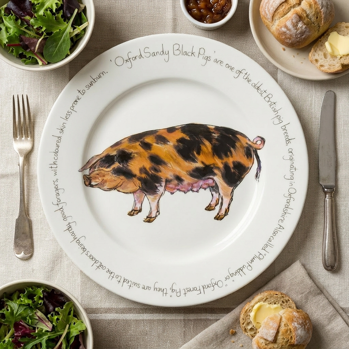 Oxford Sandy Black Pig 30cm Flat Rimmed Plate (limited edition) styled on the table