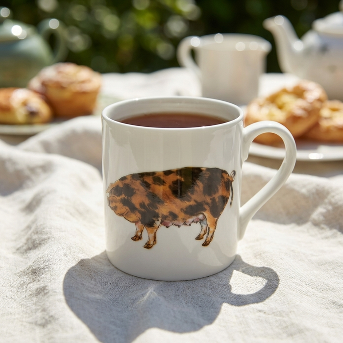 Oxford Sandy & Black Pig Mug (large size) styled on the table