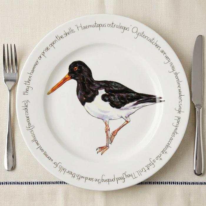 Oystercatcher Standing 30cm Flat Rimmed Plate | Richard Bramble styled on the table