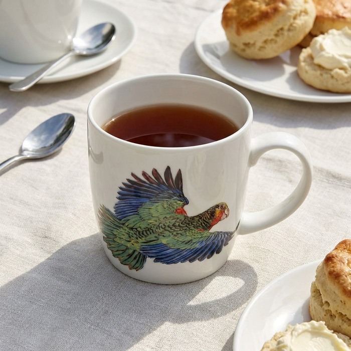 Parrot Mug (medium round sided) styled on the table