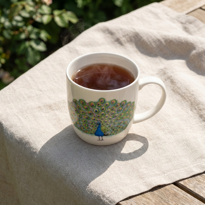 Peacock Mug (medium round sided) styled on the table