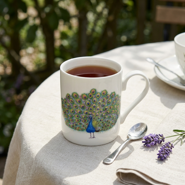 Peacock Mug (medium straight sided) styled on the table