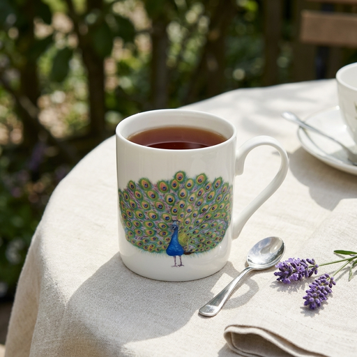 Peacock Mug straight sided lifestyle