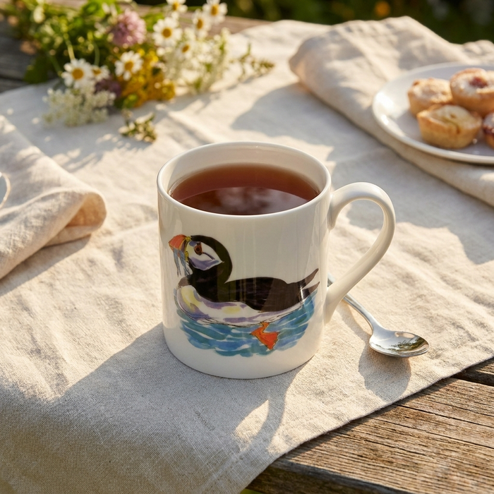 Puffin Mug (large size) styled on the table
