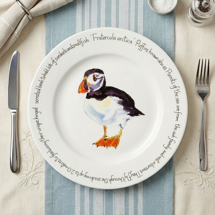 Puffin Standing 30cm Flat Rimmed Plate | Richard Bramble styled on the table