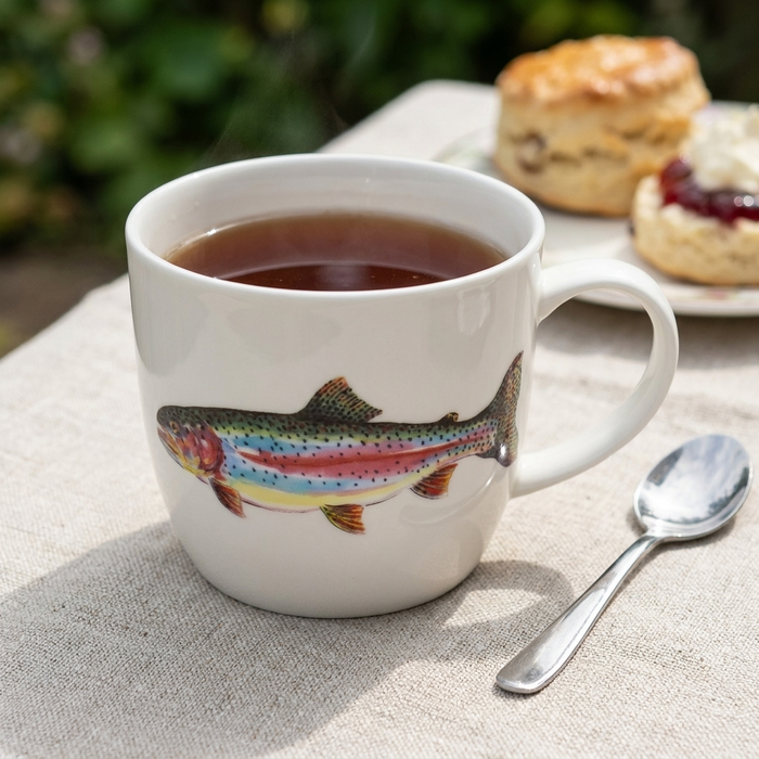 Rainbow Trout Mug (medium round sided) styled on the table