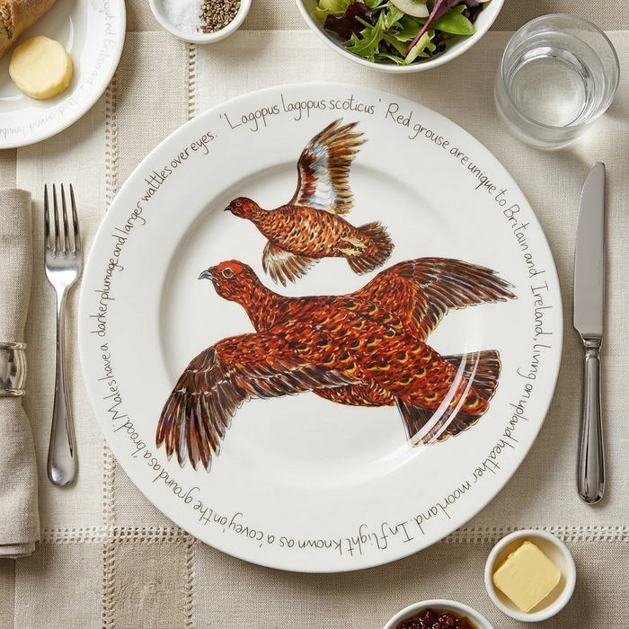 Red Grouse 30cm Flat Rimmed Plate styled on the table