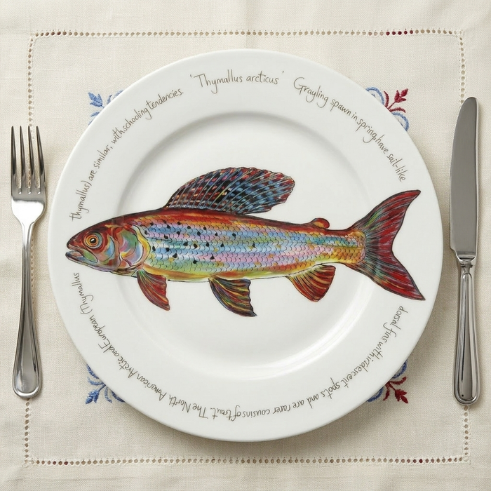 Arctic Grayling Trout 30cm Flat Rimmed Plate styled on the table
